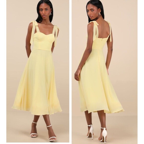 Lulus Sophisticated Charisma Light Yellow Tie-Strap A-Line Midi Dress Size Small - Picture 1 of 8